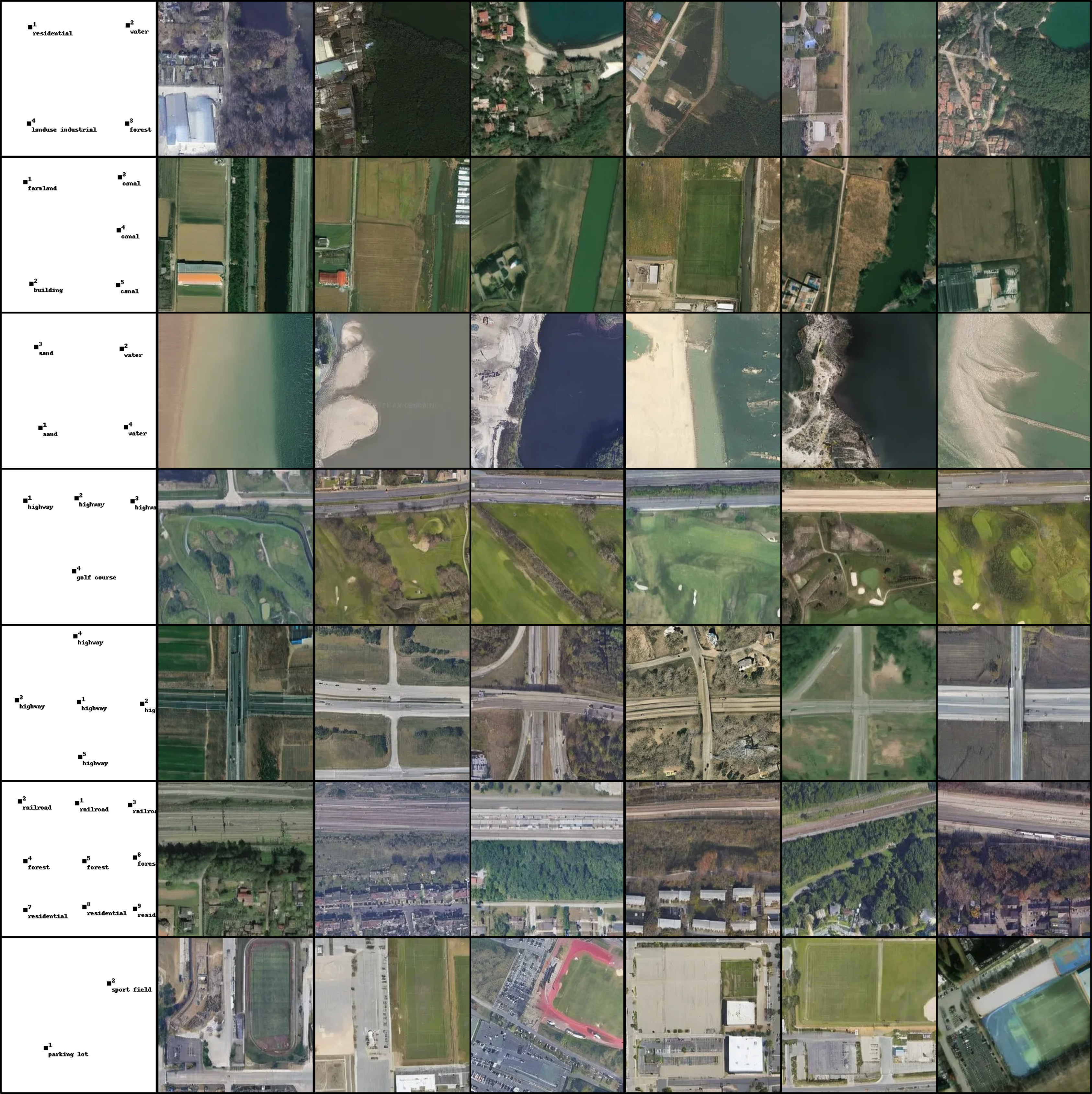 Qualitative point-prompted satellite image generations across diverse land-cover types